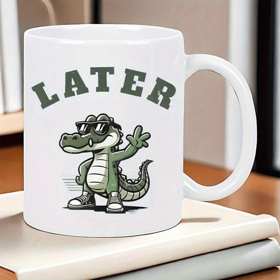 Chill Vibes Later Gator Ceramic Coffee Mug White Humorous Cartoon Alligator Design with Fashion Glasses Peace Sign Relaxed Mornings Casual Coffee Breaks Unique Idea Alligator Decor