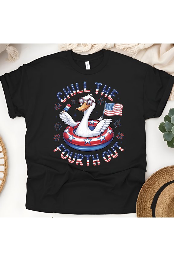 Chill the Fourth Out Goose Shirt – USA 4th of July Star Float Tee, Black, Size M