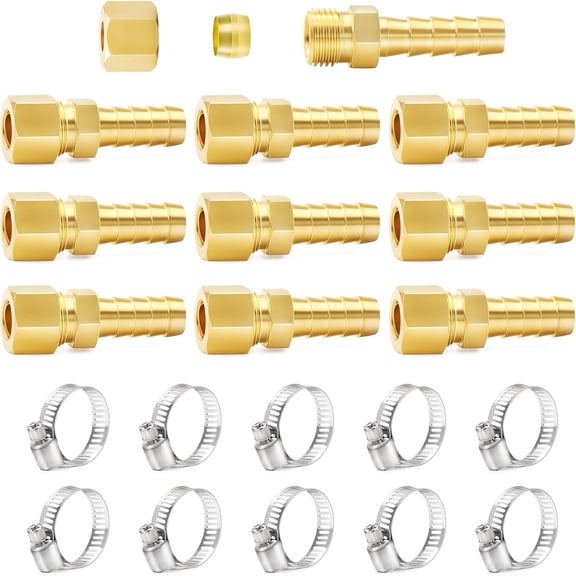 ChillWaves Brass Compression Tube Fitting, 3/8" OD x 3/8" Barb Compression Union Connector with Hose Clamp(10-PACK)
