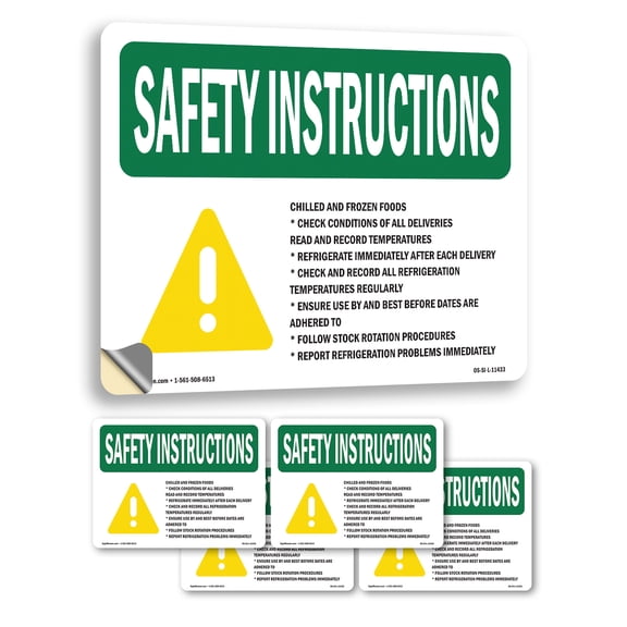Chilled And Frozen Foods Check With Symbol OSHA Safety Instructions Vinyl Decal Label 5 Inch x 3.5 Inch - 5 Pack