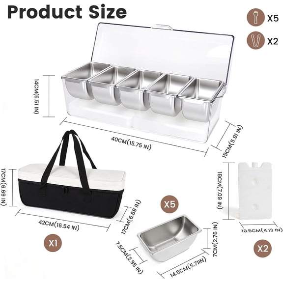 Chilled Condiment Caddy with 5 Removable Stainless Steel Compartments, Includes Portable Insulated Tote Bag and 2 Ice Packs, Serving Tray for Picnic, Outdoor, Party and Travel$$