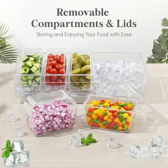 Chilled Condiment Containers with Lids 2 Pcs, Plastic Taco Bar Serving Set for Party with 5 Containers, Ice Garnish Tray for Mimosa Bar Supplies, Clear Serving Platter for Fruit, Salad, Snack