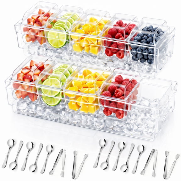 Chilled Condiment Containers with Lids, Plastic Taco Bar Serving Set for Party with 5 Containers, Ice Garnish Tray for Mimosa Bar Supplies, Clear Serving Platter for Fruit, Salad, Snack