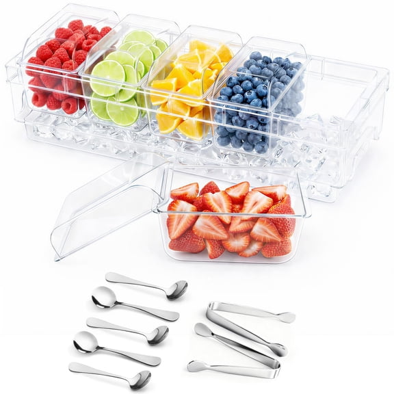 Chilled Condiment Containers with Lids, Plastic Taco Bar Serving Set for Party with 5 Containers, Ice Garnish Tray for Mimosa Bar Supplies, Clear Serving Platter for Fruit, Salad, Snack