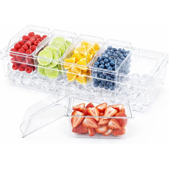 Chilled Condiment Containers with Lids, Plastic Taco Bar Serving Set for Party with 5 Containers, Ice Garnish Tray for Mimosa Bar Supplies, Clear Serving Platter for Fruit, Salad, Snack