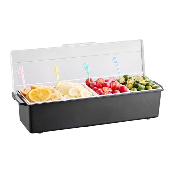 Chilled Condiment Server, 4 Compartment Ice Cooled Container for Bar, Taco, Salad, Fruit - w/ Lid & Handle - Restaurant, Home, Catering Supplies