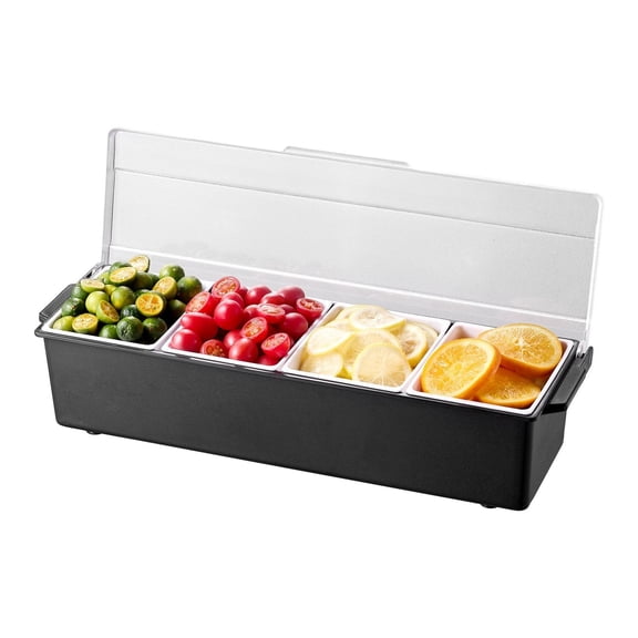 Chilled Condiment Server 4 Compartment, Ice Cooled Serving Tray for Bar, Taco, Salad, Fruit - Home & Restaurant, with Lid & Handle