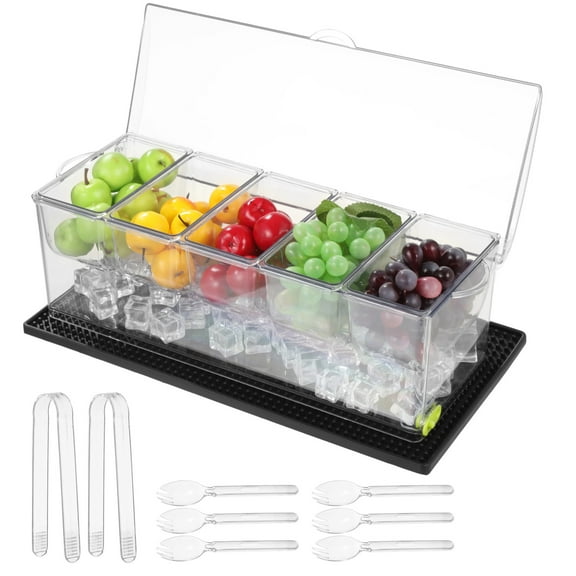 Chilled Condiment Server, 5-Compartment Plastic Food Storage Container with Drain Holes, Ice Box for Fruits with Cup Coaster, 2 Clips & 6 Fork Spoons, 16.1 x 6.4 x 5.7 in, Transparent