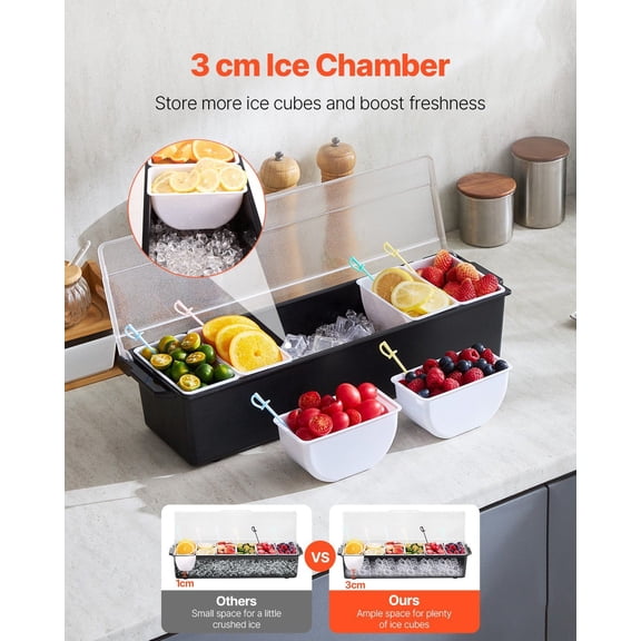Chilled Condiment Server,6 Compartment Ice Cooled Condiment Serving Container,Chilled Garnish Tray Bar Caddy with Lid,for Bartending&Serving Taco,Salad,Fruit,Home&Restaurant Supplies