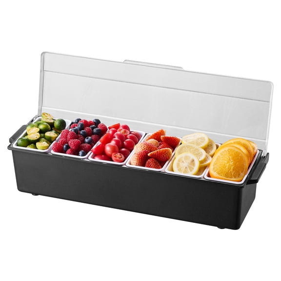 Chilled Condiment Server 6 Compartment Ice Cooled Container Plastic Garnish Station with Lid Tray for Bartending Restaurant Supplies