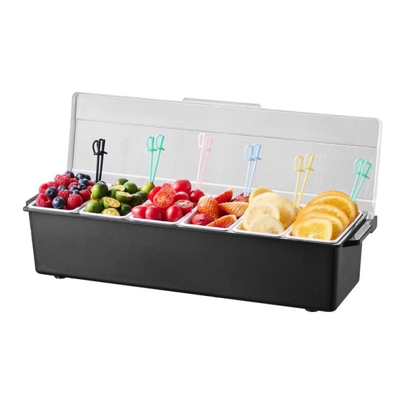 Chilled Condiment Server 6 Compartment, Ice Cooled Serving Tray with Lid, Garnish Bar Caddy for Taco, Salad, Fruit - Restaurant & Home Use