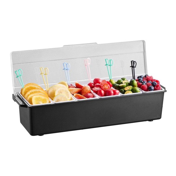 Chilled Condiment Server 6 Compartment, Ice Cooled Tray for Bartending & Serving, Garnish Holder with Lid - Taco, Salad, Fruit, Restaurant, Home