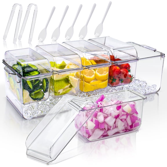 Chilled Condiment Server with Lid, 5 Removable Containers, 2 Tongs and 5 Forks, Bar Garnish Tray Caddy, Ice Serving Trays for Parties Outdoor Food Buffet Fruit Holder Entertaining