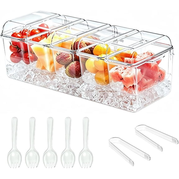 Chilled Condiment Server Taco Bar Party Serving Set with 5 Containers & for Fruit Salad Snack , Ice Garnish Tray Platter for Dirty Soda, Mimosa Bar Supplies