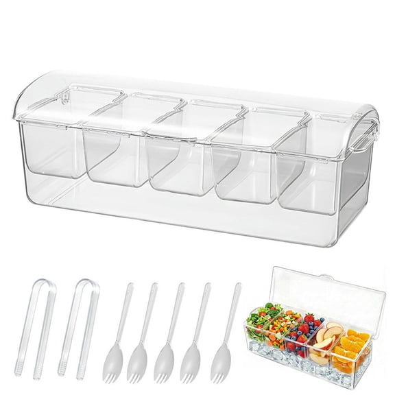 Chilled Condiment Server Tray with 5 Compartments & Lid, 40x15x14cm Large Clear Buffet Serving Set, Ice Condiment Organizer for Garnish Fruit Veggies, Includes Tongs & Spoons for Party BBQ