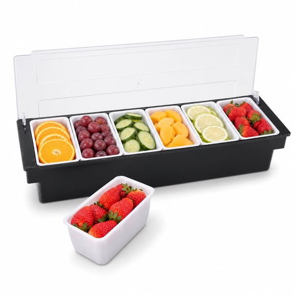 Chilled Condiment Server with Lid, 6 Tray Ice Chilled Fruit Salad Garnish Condiment Caddy Containers for Bar, Serving and Dishes (1 Pack)