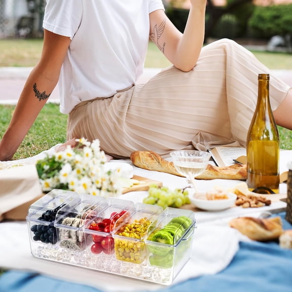 Chilled Condiment Tray Server with 5 Small Containers and Removable Compartments, Clear Garnish Serving Platter for Fruit, Salad, Food