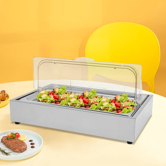 Chilled Food Display Tray, 6L Capacity with Transparent Cover, Polished Stainless Steel Construction, Ideal for Parties