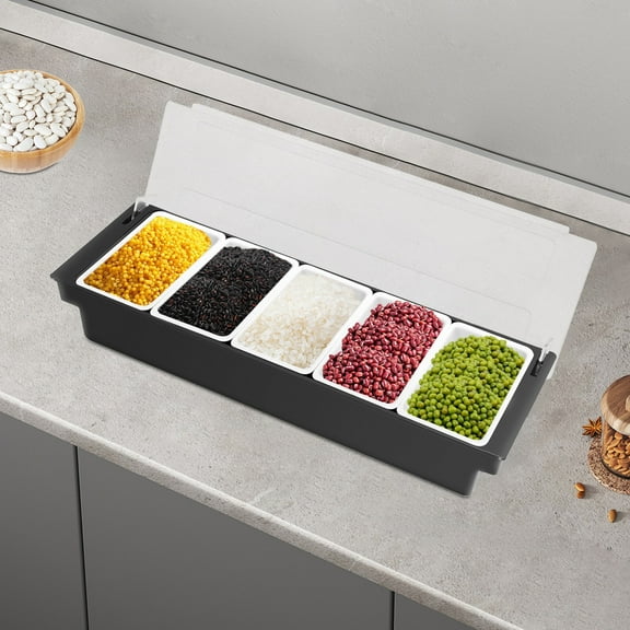 Chilled Garnish Container, 5-Condiment Tray Bar Caddy with Lid, Tray Plastic Garnish Station for Bartending, Ice Cream and Salad Bar