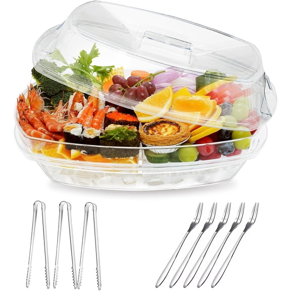 Chilled Ice Serving Tray, 15.1" Ice Chilled Party Platter, 3 Layers Veggie Platter with Lid, Stackable Appetizer Party with 4 Compartments for Shrimp, Fruits, Veggies