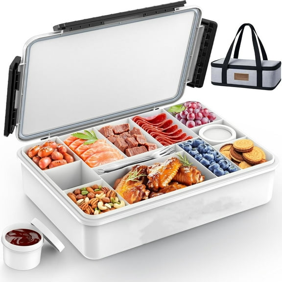 Chilled Portable Snackle Box Container with Reusable Ice Pack Bonus Insulated Bag 12 Compartment Divided Serving Tray Summer Beach Essentials for Charcuterie Snack Road Trip Picnic Keep Food Fresh