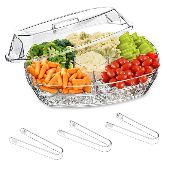 Chilled Serving Tray Plastic Clear Chilled Party Platter With Clamp and Lid Detachable 4 Compartments Fruit Ice Serving Tray for Shrimp Cocktail Appetizer
