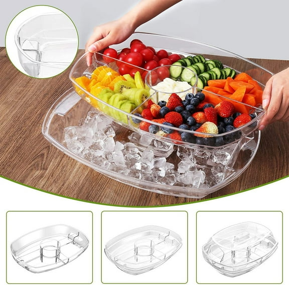 Chilled Serving Tray, Xshuai Clear Plastic Party Platter with Ice Compartments, 15 Inch 4 Section Cold Food Server for Appetizers Sushi Vegetables