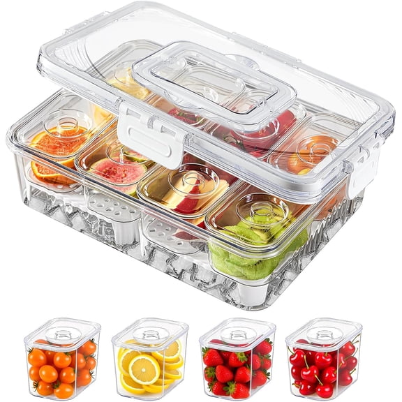 Chilled Snackle Box Container with Ice Tray - 8 Compartment Serving Tray with Lid & Handle, Leak-Proof & Odor-Free Snack Box, Portable Cold Food Platter for Picnic, Party, Travel, Road Trip