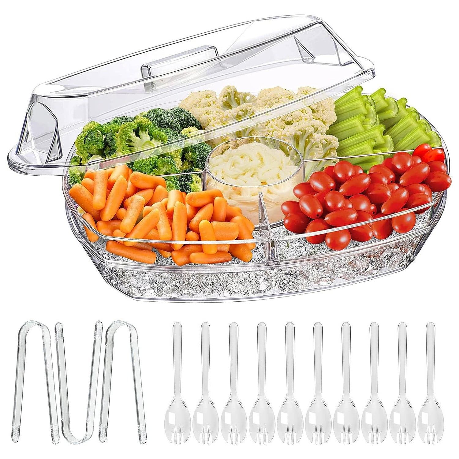 15 Inch Clear Chilled Veggie Tray with Lid and Compartments