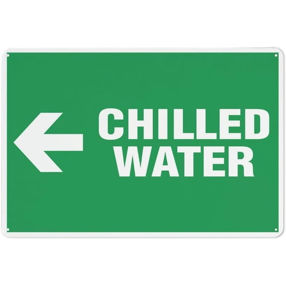Chilled Water (Arrow Left) Reflective Aluminum Metal Signage - 8"x12", With Symbol, Weatherproof - Office, Factory, Hospital, HVAC System