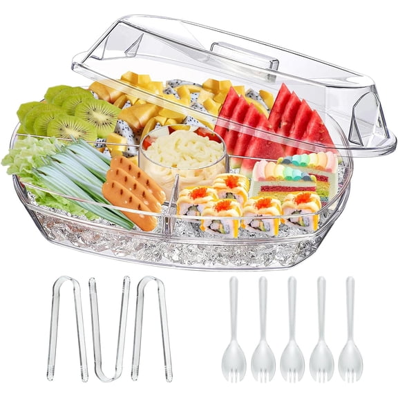 Chilled party platter, 15-inch transparent vegetable and fruit tray with lid and dipping sauce, cold food tray for parties, cooking plate with ice tray at the bottom