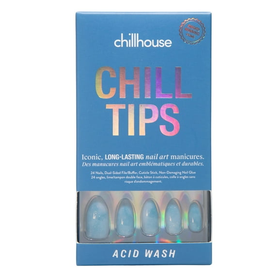 Chillhouse Chill Tips - Signatures Press On Nails, Acid Wash, Almond Medium, Blue, 30 Fake Nails