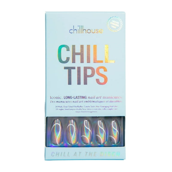 Chillhouse Chill Tips - Signatures Press On Nails, Chill at the Disco, Long Almond, Silver and White, 30 Fake Nails