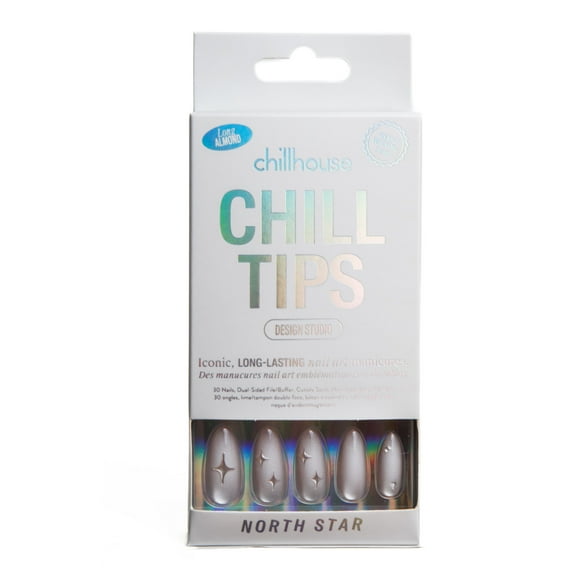 Chillhouse Chill Tips - Holiday Press On Nails, North Star, Almond Long, Silver and White, 30 Fake Nails