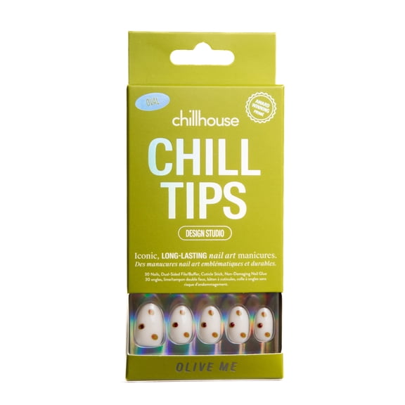 Chillhouse Chill Tips - Signatures Press On Nails, Olive Me, Oval Short, White and Green, 30 Fake Nails