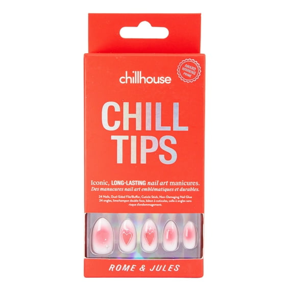 Chillhouse Chill Tips - Valentine's Day Press On Nails, Rome & Jules, Almond Medium, Red, White and Pink, 30 Fake Nails