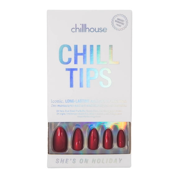 Chillhouse Chill Tips - Holiday Press On Nails, She's On Holiday, Almond Medium, Red, 30 Fake Nails
