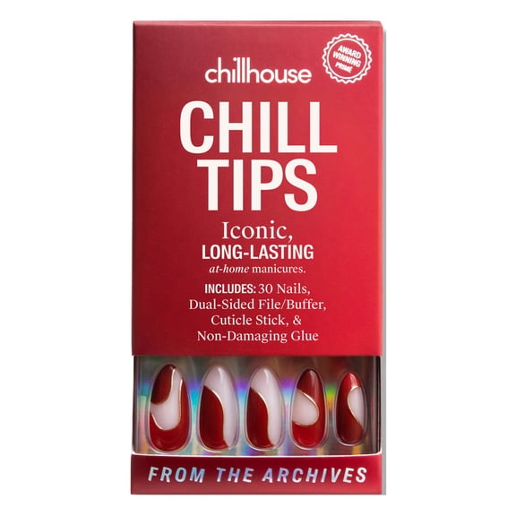 Chillhouse Chill Tips - Signatures Press On Nails, From the Archives, Almond Long, Red, 30 Fake Nails
