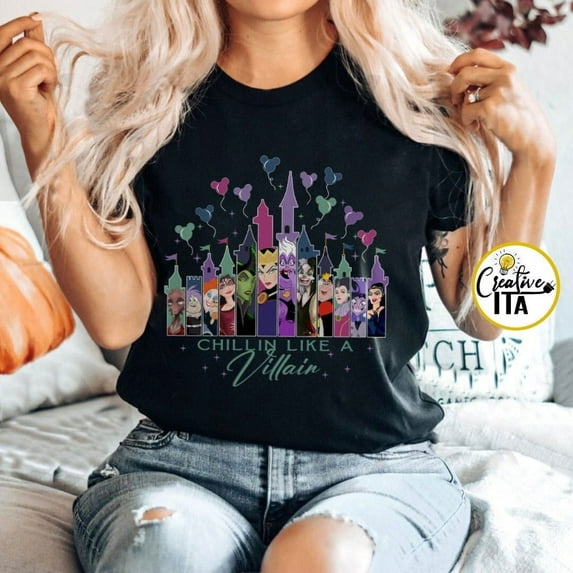 Chillin Like A Villain Disney Castle Shirt, Disney Female Villains Evil Friends Gift, Wdw Disneyland, Unisex Tshirt Size 3Xl New|Funny Birthday Cotton Tee Vintage Gift For Men Women