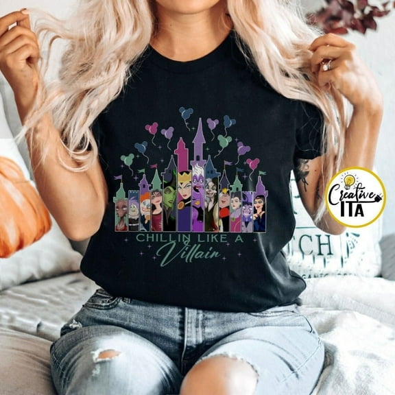 Chillin Like A Villain Disney Castle Shirt, Disney Female Villains Evil Friends Gift, Wdw Disneyland, Unisex Tshirt Size M New|Funny Birthday Cotton Tee Vintage Gift For Men Women