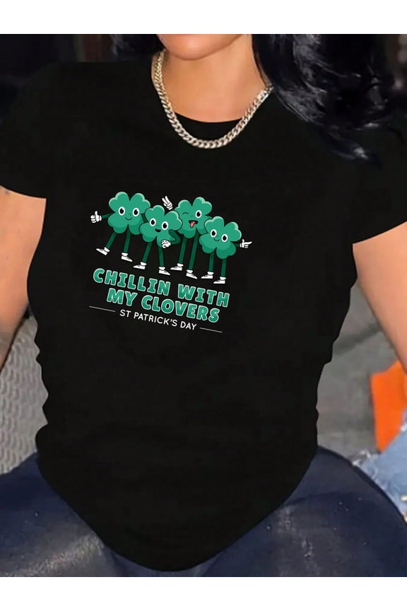 Chillin With My Clovers Print Pattern T-Shirts Women Casual Short-Sleeved Stylish Cotton Casual Outdoor Shirts Daily Wear