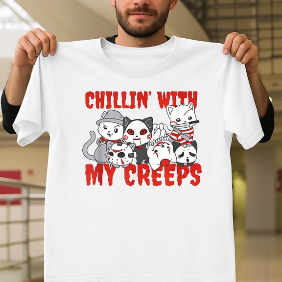 Chillin With My Creeps Cat Horror Killer Graphic Unisex T-Shirt, Halloween Costume Gift G1058, Up to Size 5XL