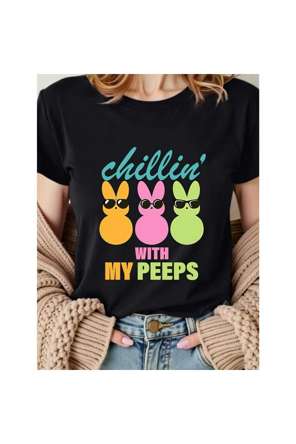 Playful Rabbit T-Shirt - 'My Peeps Crew' Sunglasses Bunny Print - Breathable Women's Relaxed Fit Tee