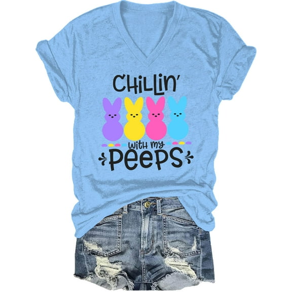 Chillin With My Peeps Easter Shirt, Chillin With My Peeps Bunny V-Neck T-Shirt For Women