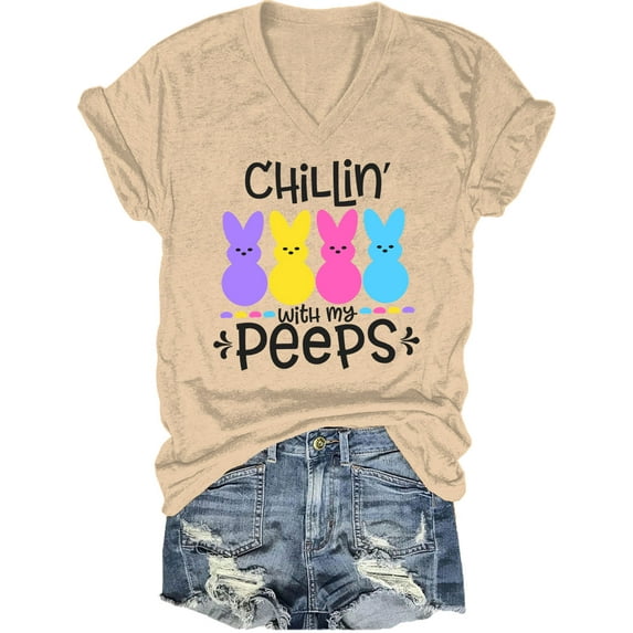 Chillin With My Peeps Easter Shirt, Chillin With My Peeps Bunny V-Neck T-Shirt For Women