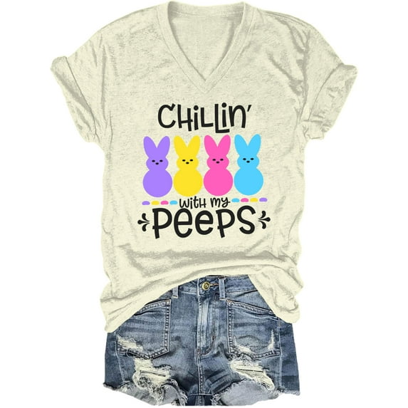 Chillin With My Peeps Easter Shirt, Chillin With My Peeps Bunny V-Neck T-Shirt For Women