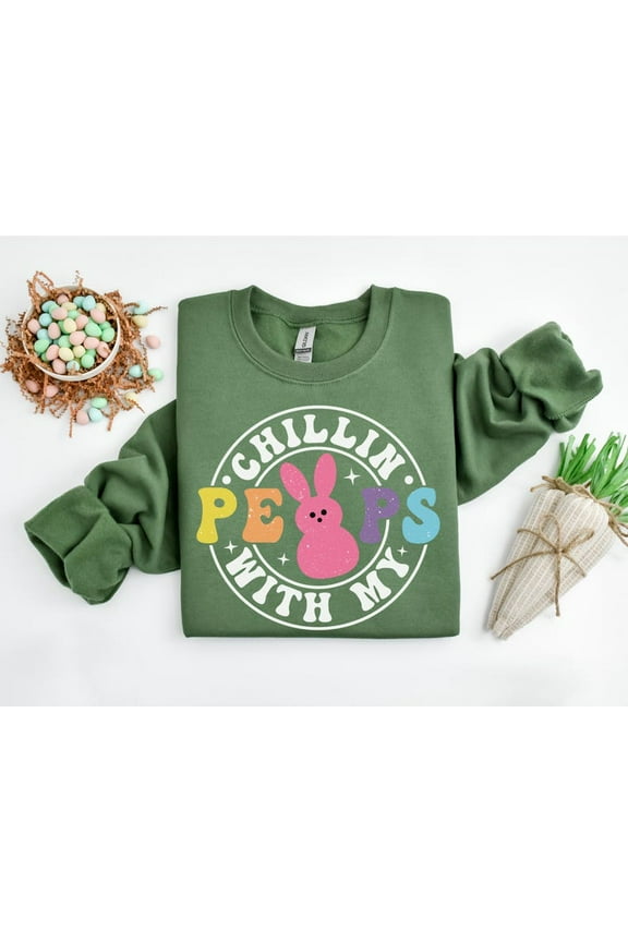 Chillin With My Peeps Sweatshirt, Cute Easter Rabbit Shirt, Funny Easter Bunny Shirt, Easter Gift For Men Women & Kids, Easter Peeps Tee