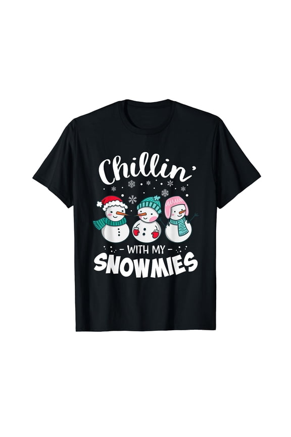Chillin With My Snowmie Women Christmas Snowman Teacher Snow T-Shirt Black Tee