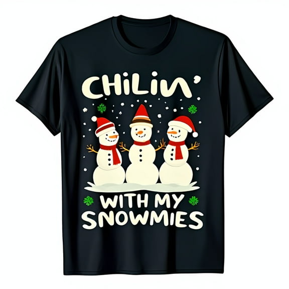 Chillin With My Snowmies Black T-Shirt Fun Christmas Snowman Graphic Tee