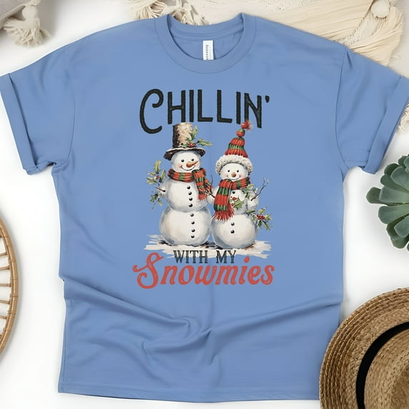 Chillin With My Snowmies Shirt | Cute Snowman Graphic Tee for Holiday Fans, CarolinaBlue, Size 2XL